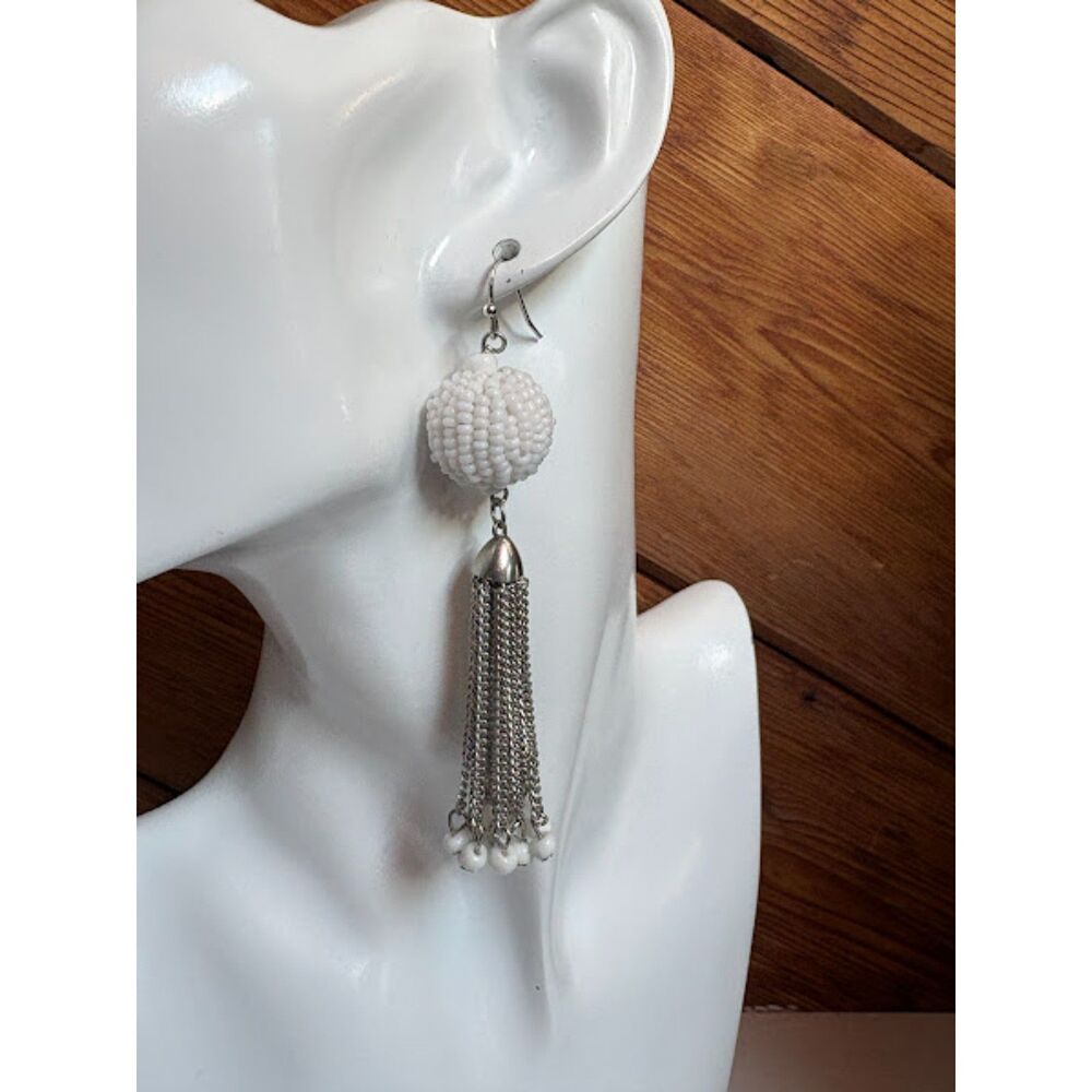 White Beaded Tassel Earrings